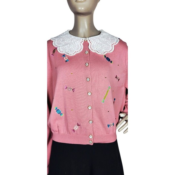 Royal Monk 50s Pink Lace Collar Candy Embroidered Opal Button Cardigan Sweater - Picture 10 of 14
